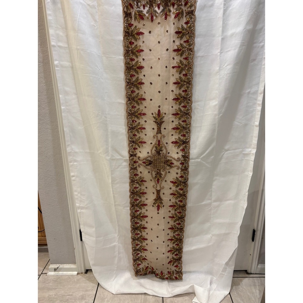 Embellished Sheer Table Runner Beaded Sequins‎ Red Gold Accent Decor